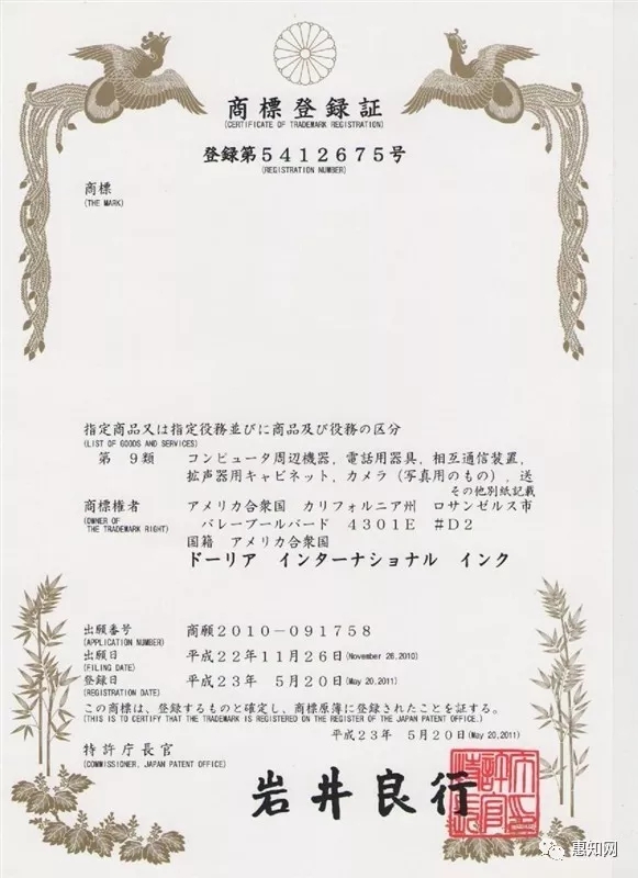 日本商标证书